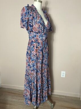 Bohemian Floral V-Neck Maxi Dress in Blue Pink belted ruffle neck layered skirt